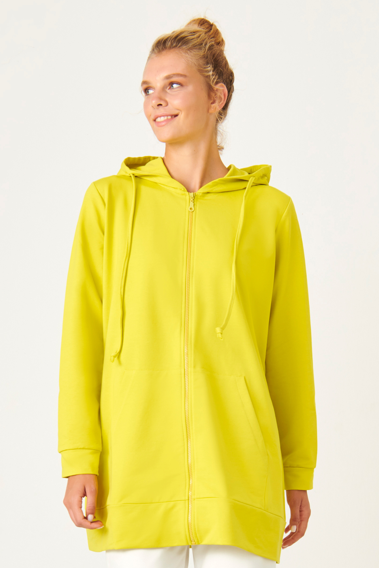 Premium Pamuk Fermuarlı Sweat Neon Sarısı